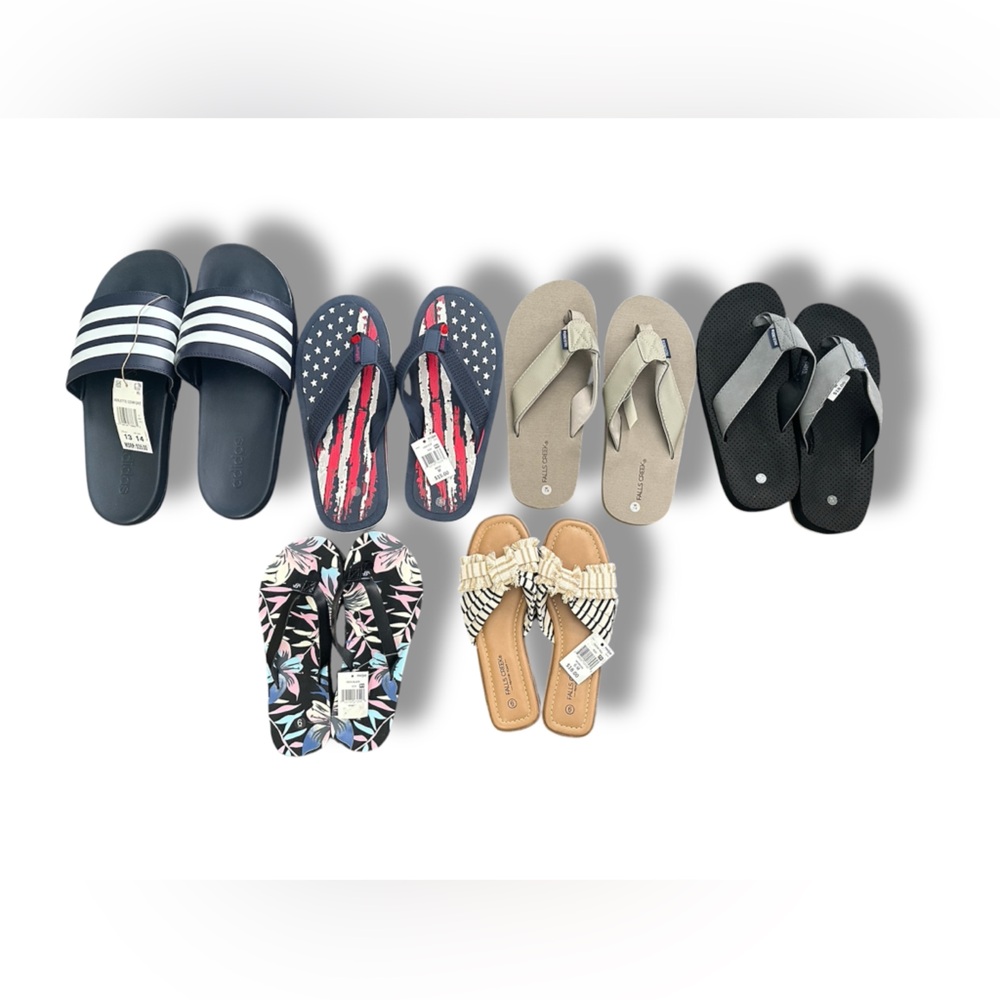 Lot of 6 pair NWT Mens & Women's Sandals Flip Flops Adidas Falls Creek & Others